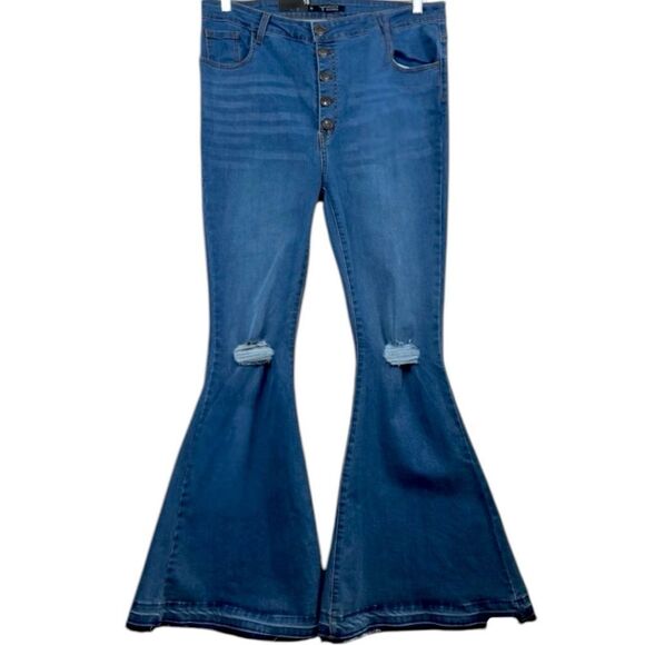 Lucky & Blessed Distressed Button Fly High Waist Mid Wash Flare Jeans NWT - Picture 8 of 15